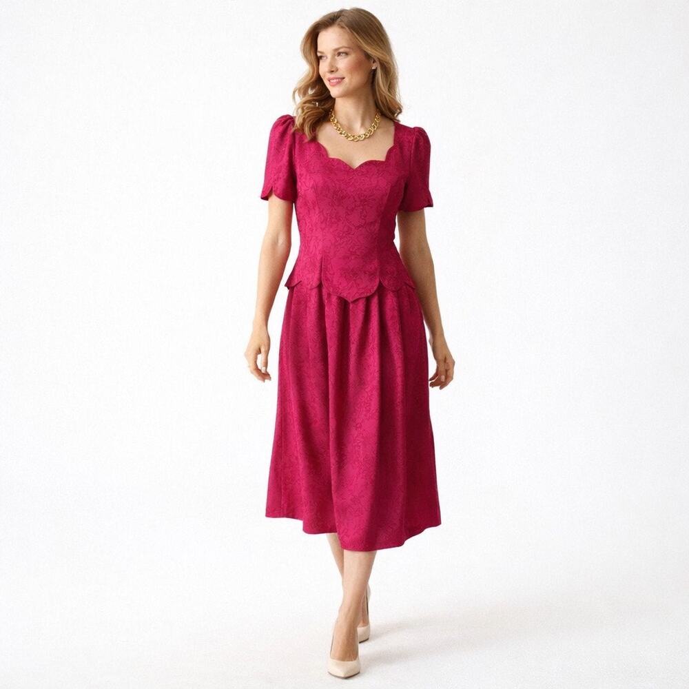 Vintage 90s Talbots Raspberry Jacquard Peplum Midi Dress 10 Wedding Guest Party